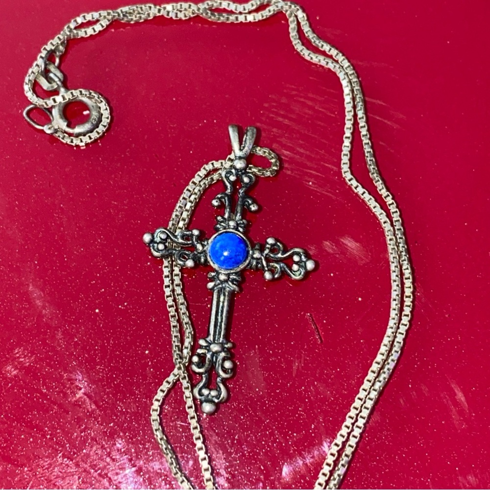 Cross Blue Stone pendant necklace Italy vintage 
Hangs down 9”1/4